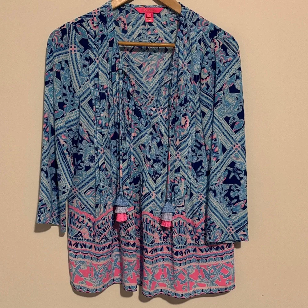Lilly Pulitzer Marilina Pintucked Tassel-Tie 3/4-Sleeve Top - Picture 2 of 7